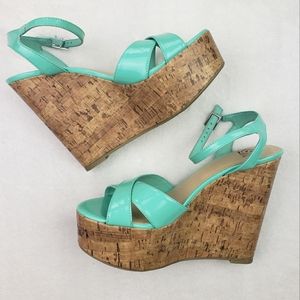 Delicious Shoes, Strappy Cork Heel Platform Wedge Sandals, Size 8.5, Mint Green